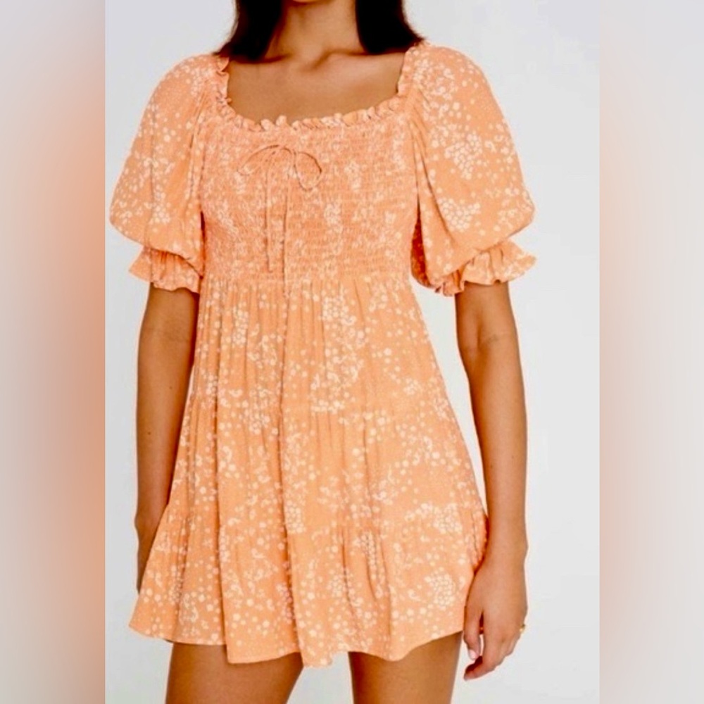 Faithful the Brand Floral Charlotte  Smock Bodice BabyDoll Mini Dress Orange ZB6